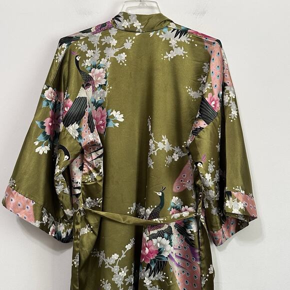Oriental Silk Kimono Robe S/M Belted Green Peacocks Floral Romantic Satin Asian - Picture 6 of 10